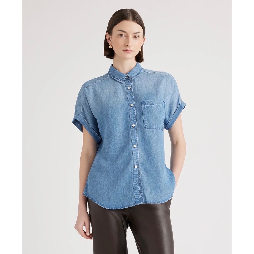 QUINCE | Chambray Tencel Short Sleeve Shirt Womens S Medium Indigo Button Down